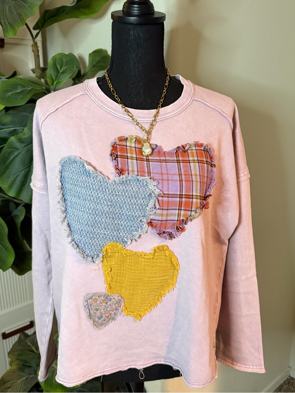Lavender mineral washed Lilac Crewneck Sweater wi to heart patches